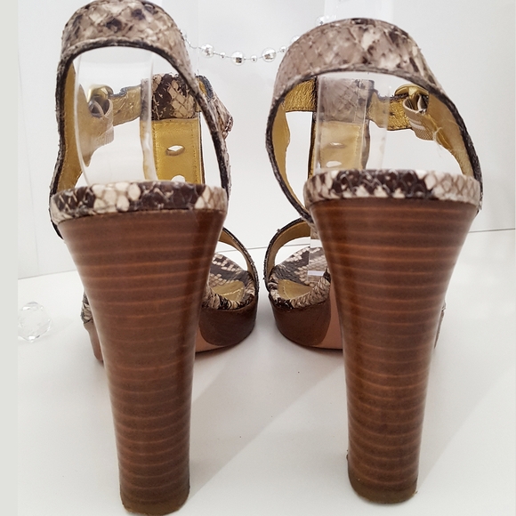 Coach💋Lalo Python T-Strap Open Toe Block Heel Sandals with Gold Accents - Picture 7 of 12